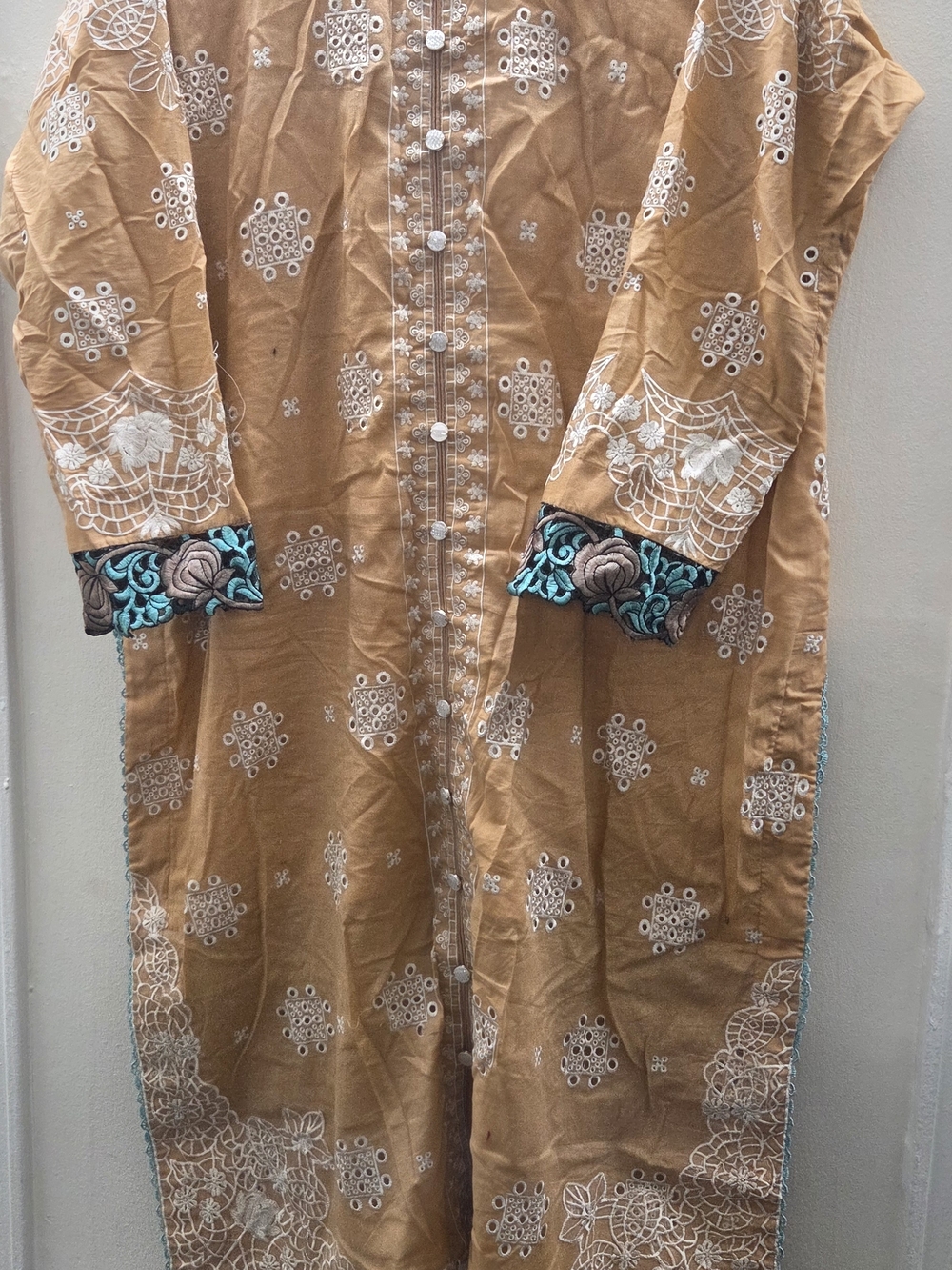 Embroidered Tan Kurta with White and Teal Accents